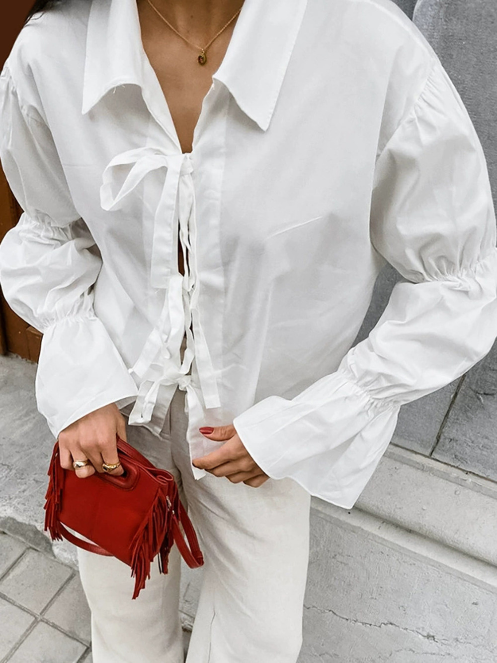 Zara Cotton Russian Blouse Tie Puff Sleeve Summer Fall Top